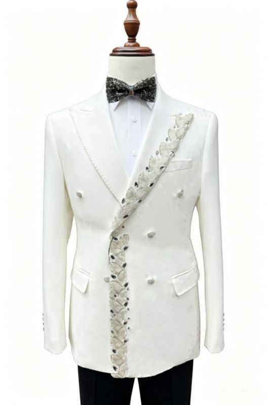 Madison Bespoke White Peaked Lapel Double Breasted Prom Suits Wit Appliques