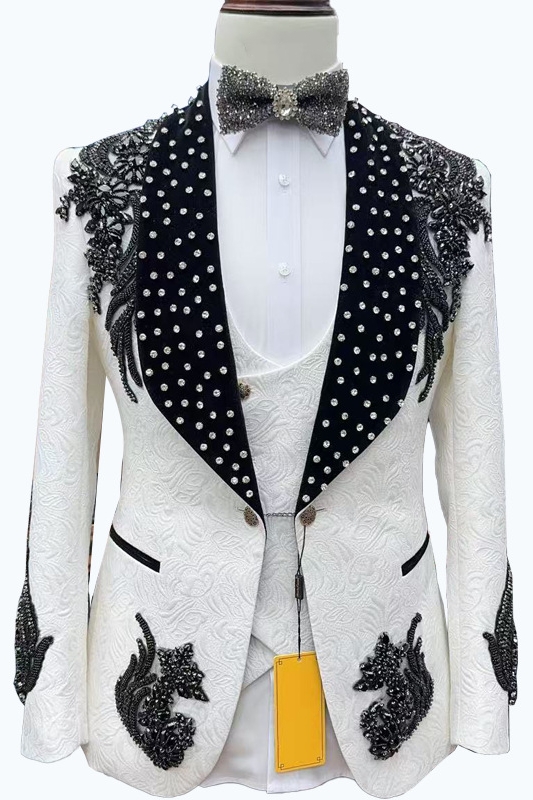 Lester Charming White Jacquard Three Pieces Prom Suits With Beading