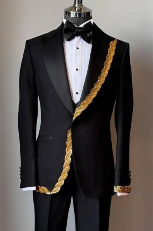 Leopold Bespoke Black Peaked Lapel Three Pieces Prom Suits With Gold Appliques