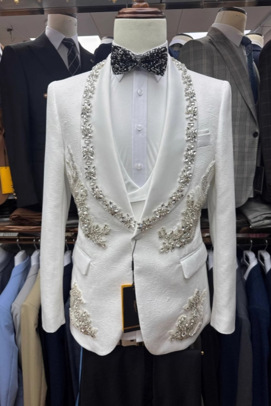 Lionel Gentle White Jacquard Three Pieces Prom Suits With Beading