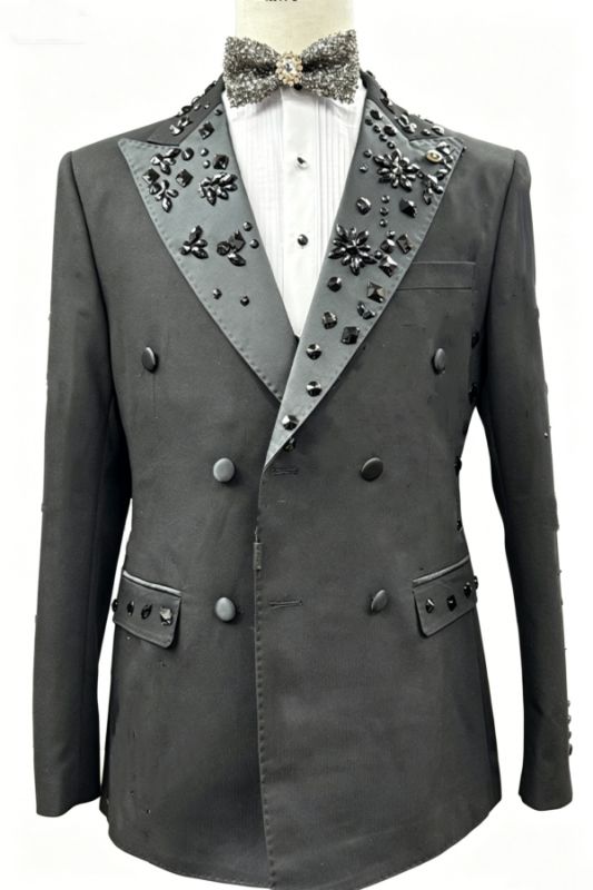 Mann Fashion Black Peaked Lapel Beading Double Breasted Prom Suits