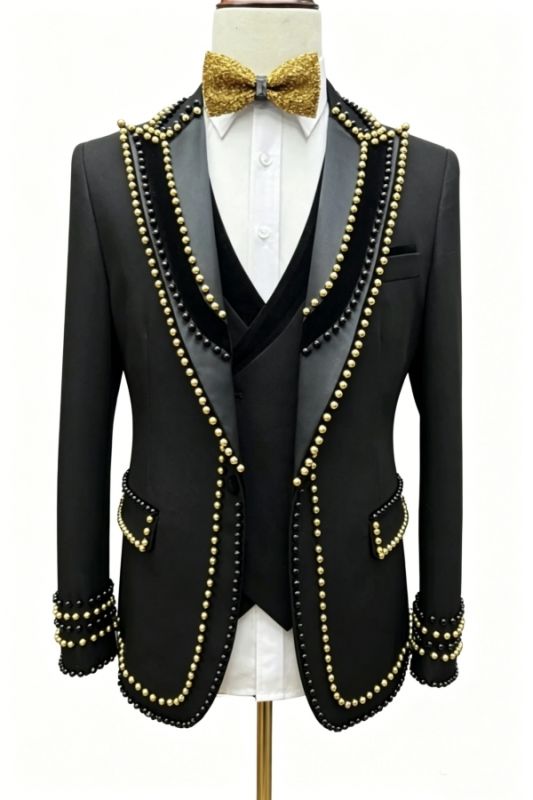 Marico Gentle Black Peaked Lapel Three Pieces Beading Prom Suits