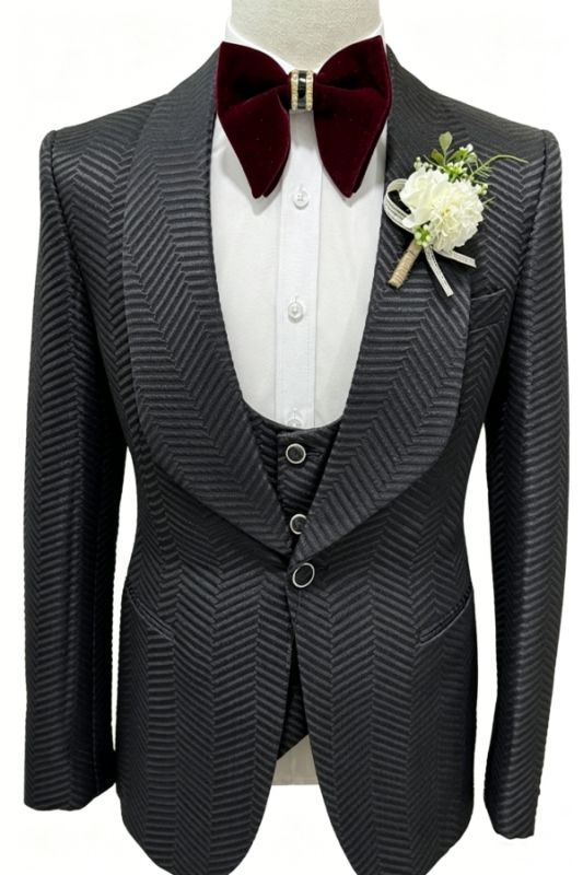 Lucien Decent Black Jacquard Shawl Lapel Three Pieces Prom Suits