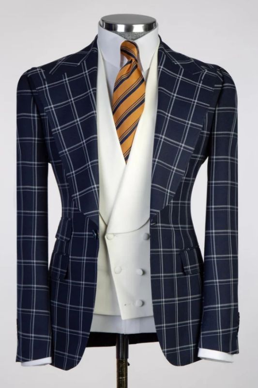 Mitchell Chic Navy Plaid Peaked Lapel Three Pieces Business Suits