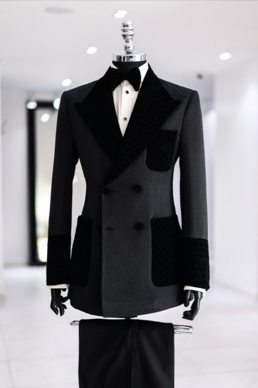 Marvin Fashion Black Jacquard Double Breasted Prom Suits With Velvet Lapel