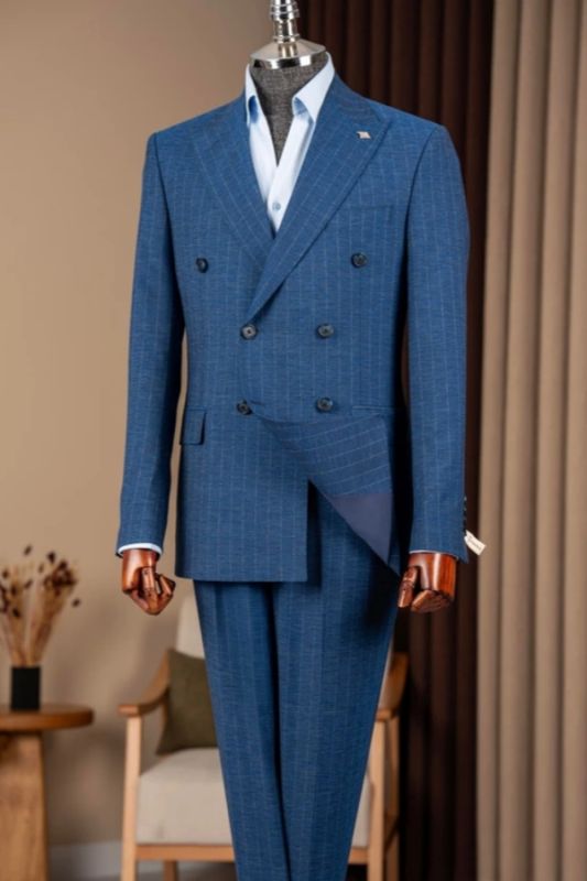 Meredith Fancy Navy Striped Peaked Lapel Double Breasted Business Suits