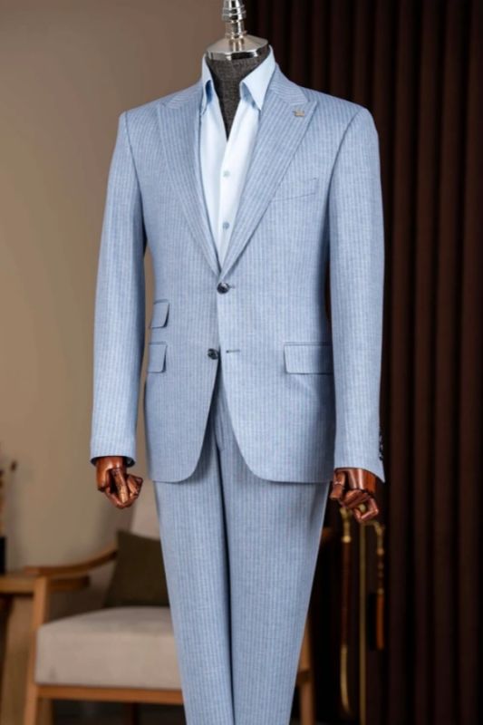 Merlin Modern Blue Peaked Lapel Two Buttons Striped Business Suits