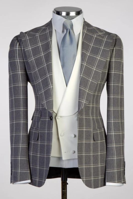 Monroe Formal Gray Peaked Lapel Three Pieces Plaid Business Suits