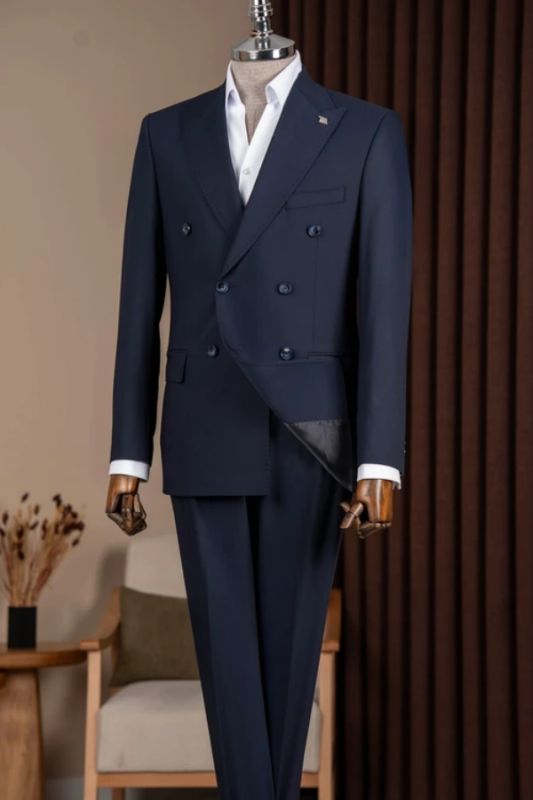 Maximilian Elegant Dark Navy Peaked Lapel Double Breasted Business Suits