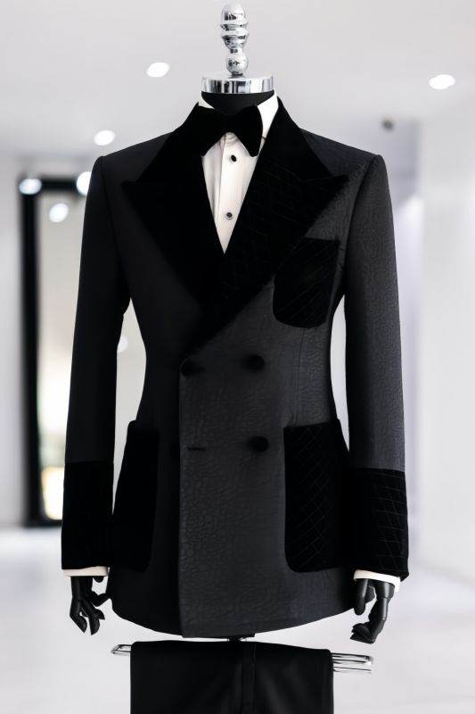Marvin Fashion Black Jacquard Double Breasted Prom Suits With Velvet Lapel
