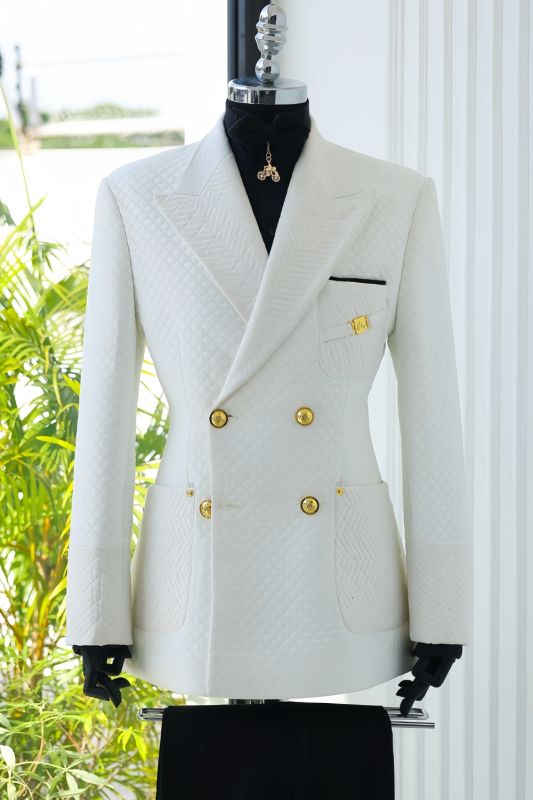 Marshall Chic White Jacquard Peaked Lapel Double Breasted Prom Suits