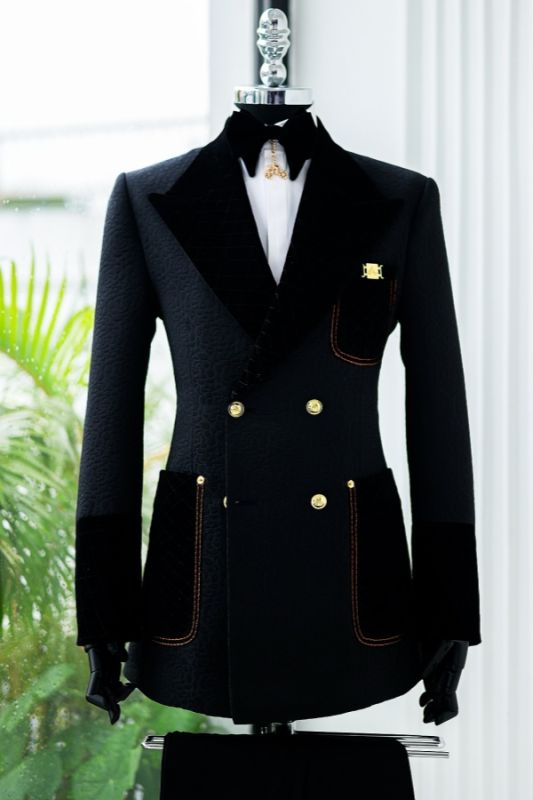 Matt Classical Black Jacquard Double Breasted Prom Suits With Velvet Lapel