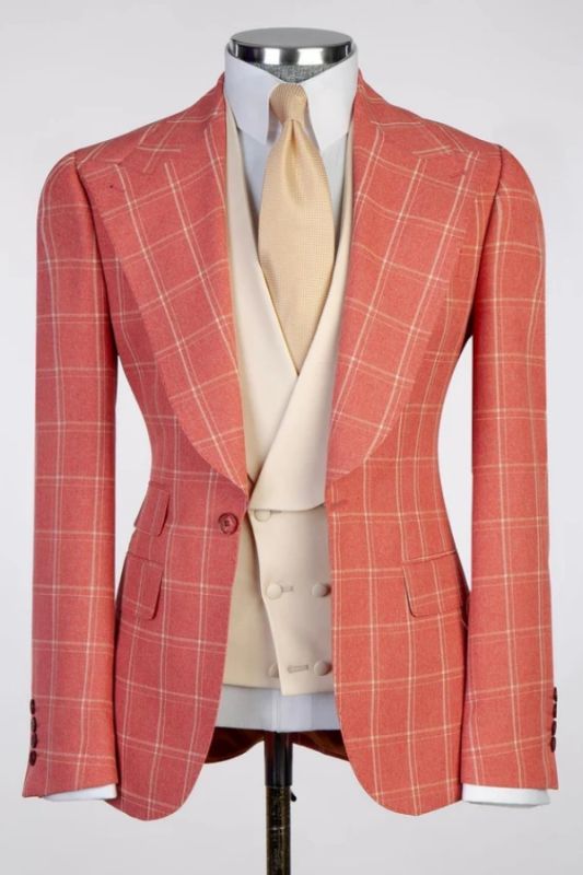 Miles Fashion Coral Plaid Peaked Lapel Three Pieces Prom Suits