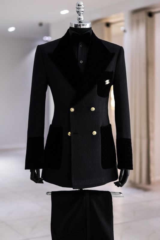 Mason Fancy Black Jacquard Peaked Lapel Prom Suits With Gold Double Breasted