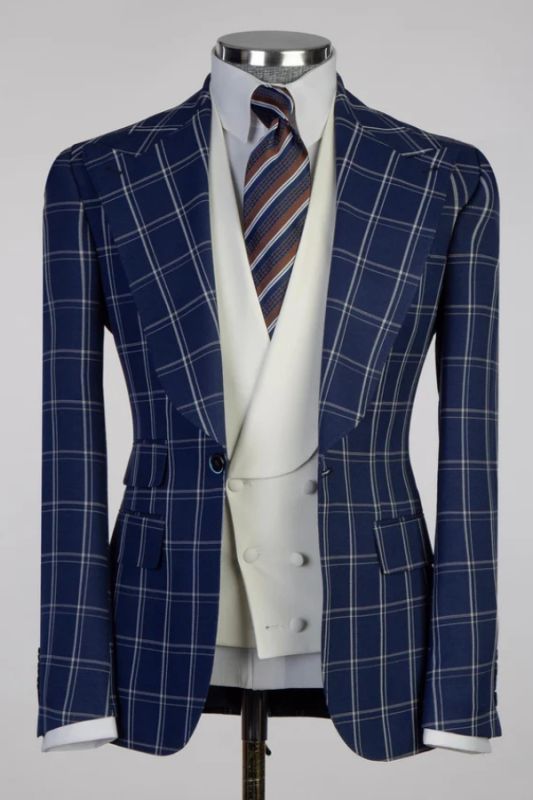 Montague Fancy Dark Blue Plaid Peaked Lapel Three Pieces Business Suits