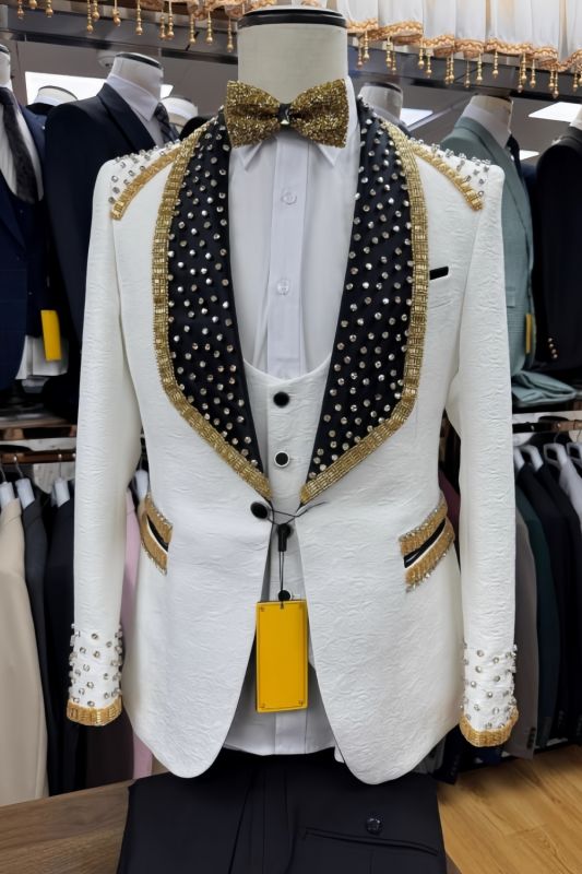 Levi Fancy White Jacquard Three Pieces Prom Suits With Beading