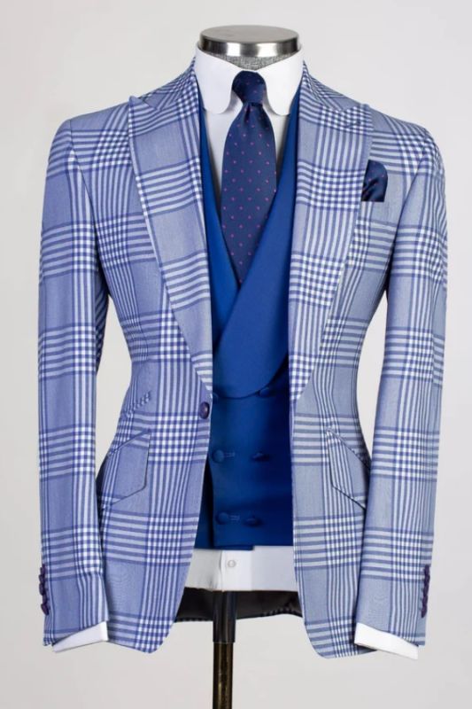 Moore Classical Light Blue Plaid Peaked Lapel Business Suits With Royal Blue Vest