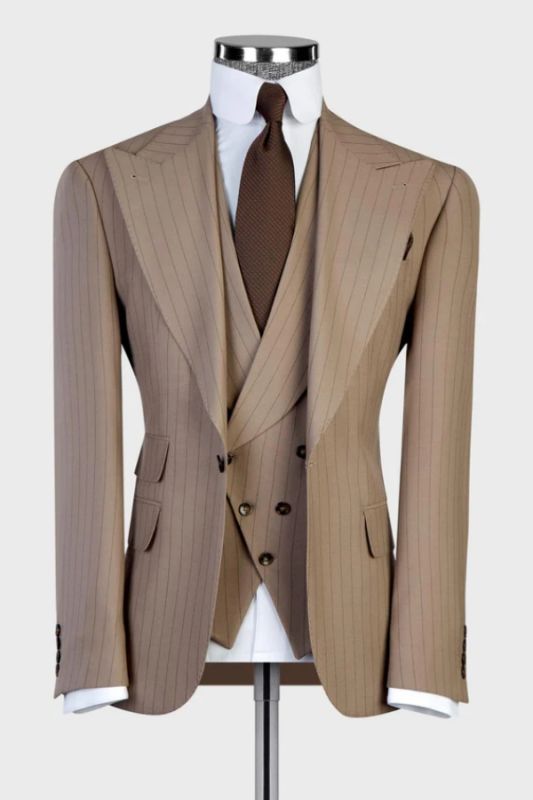 Mike Classical Camel Striped Peaked Lapel Three Pieces Business Suits