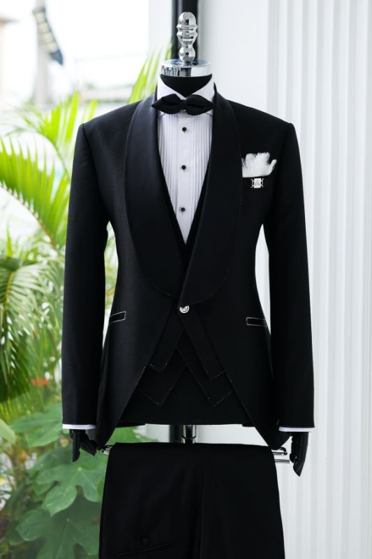 Matthew Simple Black Shawl Lapel Three Pieces Prom Suits