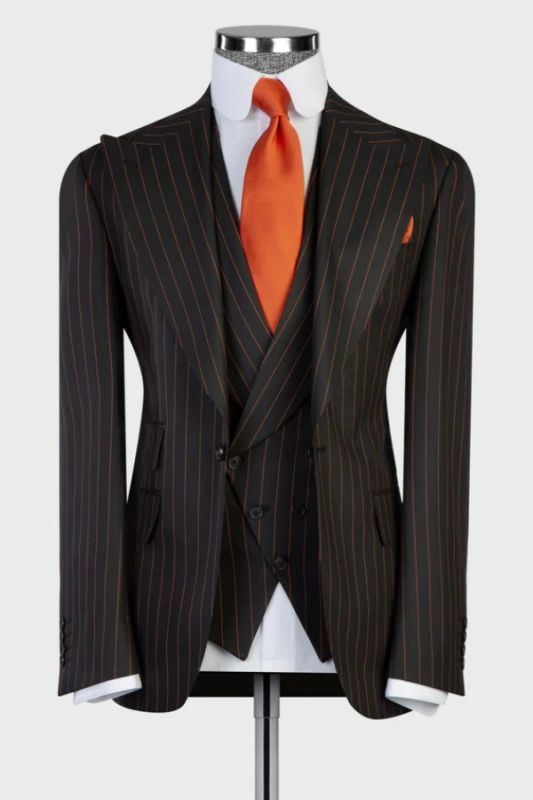 Michael Formal Black Peaked Lapel Three Pieces Striped Business Suits