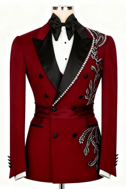 Marsh Chic Dark Red Double Breasted Peaked Lapel Beading Prom Suits With Satin Sash