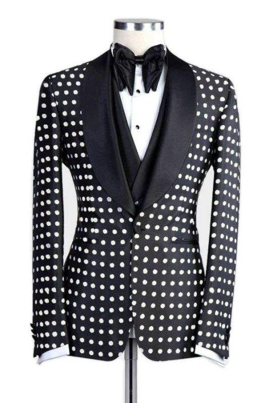 Marshall Fashion Black Shawl Lapel Three Pieces Dot Prom Suits