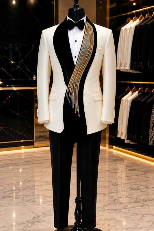 Khalid Simple White Two Pieces Prom Suits With Beading Shawl Lapel