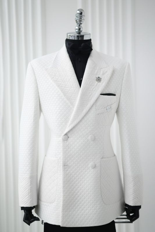 Marshall Chic White Jacquard Peaked Lapel Double Breasted Prom Suits