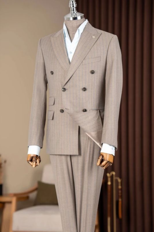 Max Chic Khaki Peaked Lapel Double Breasted Striped Business Suits