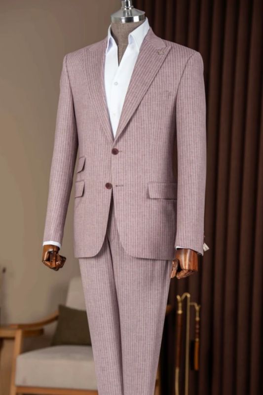 Meryl Simple Dusty Pink Peaked Lapel Striped Prom Suits With Flaps