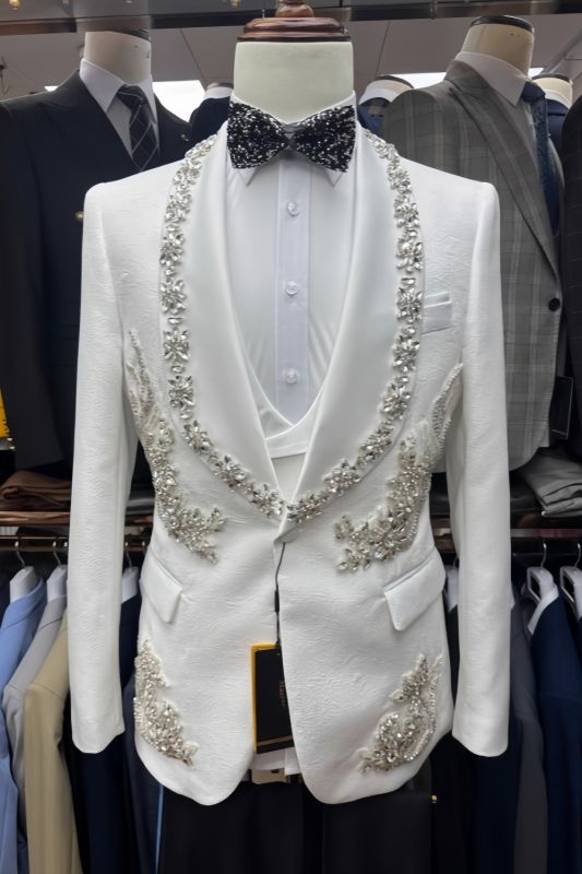 Lionel Gentle White Jacquard Three Pieces Prom Suits With Beading