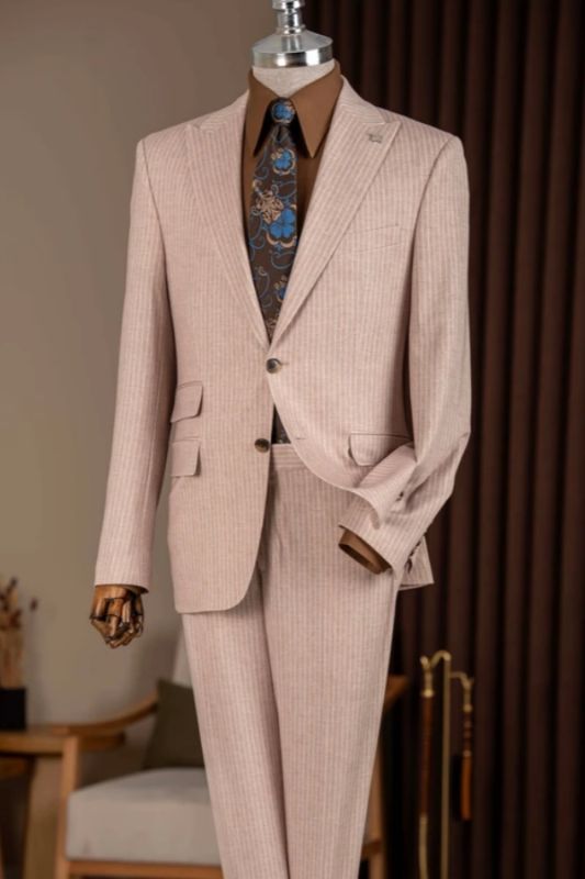 Merle Stylish Khaki Striped Peaked Lapel Two Buttons Business Suits