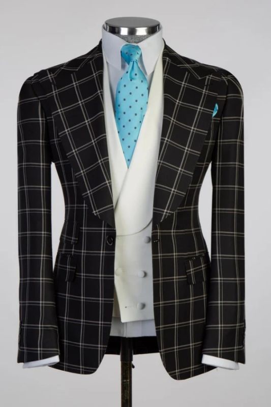 Milo Bespoke Black Plaid Peaked Lapel Business Suits With White Vest
