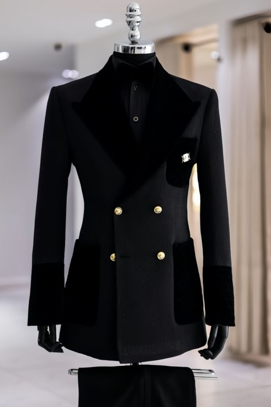 Mason Fancy Black Jacquard Peaked Lapel Prom Suits With Gold Double Breasted