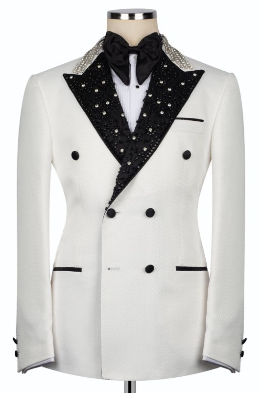 Mandel Fancy White Double Breasted Prom Suits With Black Beading Lapel