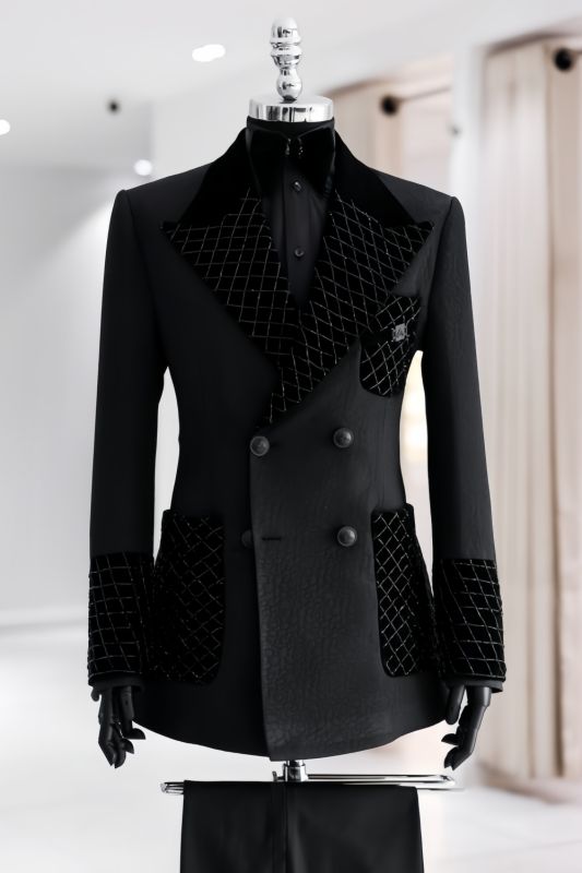 Martin charming black jacquard double breasted prom suits