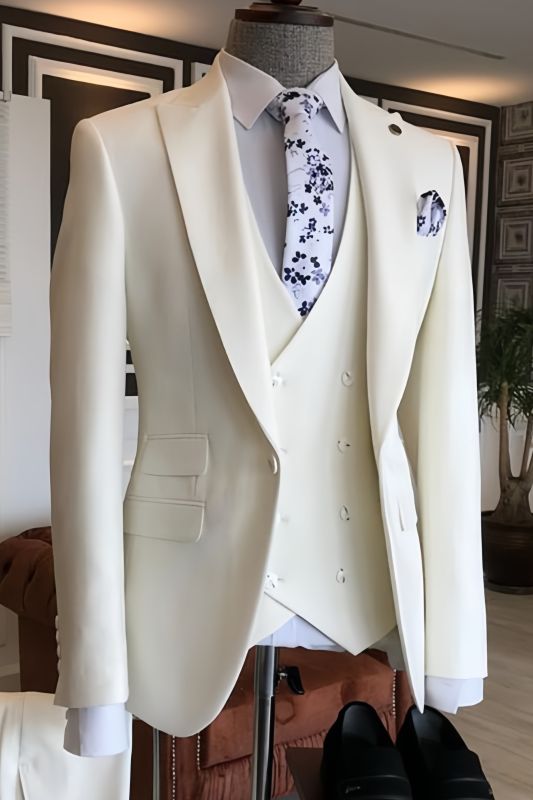 Caiden White Three Pieces Peaked Lapel Bespoke Men Suits for Wedding