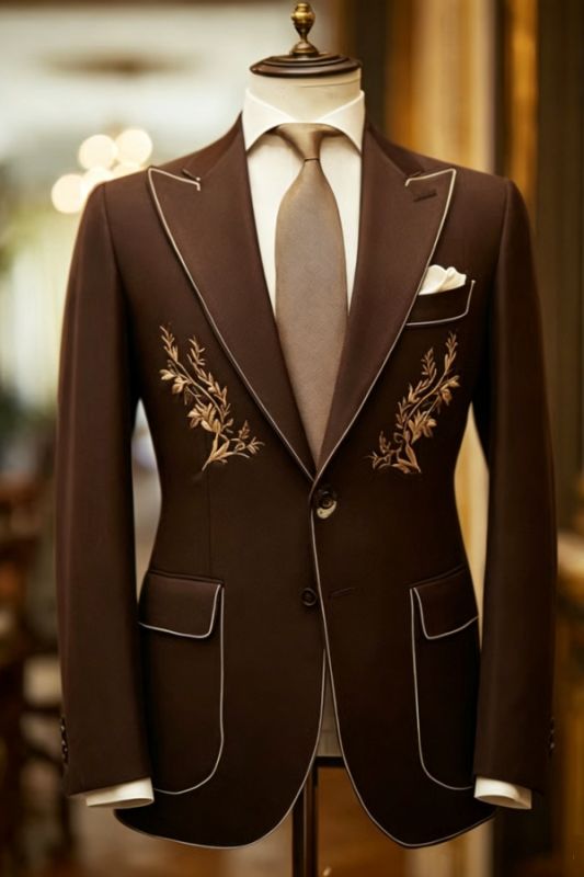 Martin Fancy Dark Brown Peaked Lapel One Button Prom Suits With Appliques