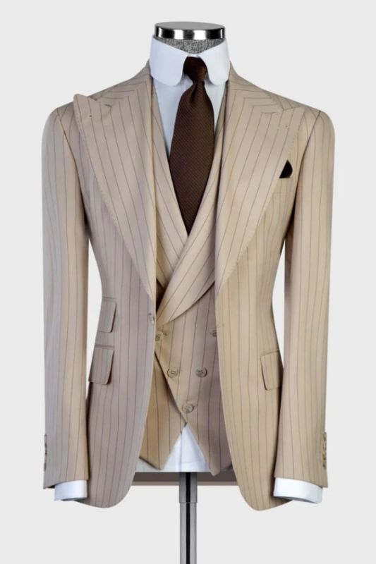 Michell Stylish Khaki Striped Peaked Lapel Three Pieces Business Suits