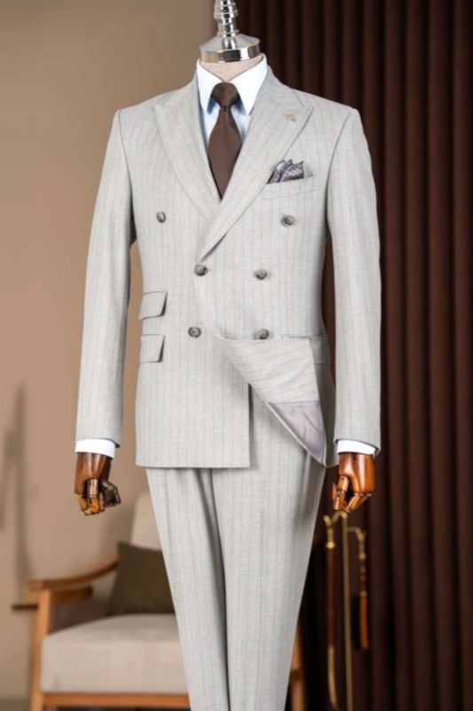 Maurice Formal Light Gray Striped Peaked Lapel Double Breasted Business Suits