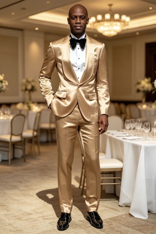 Noel Stylish Champagne Shawl Lapel Satin Prom Suits