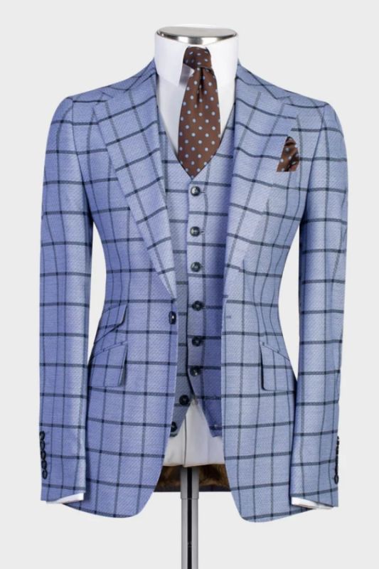 Myron Gentle Blue Plaid Notched Lapel Three Pieces Business Suits