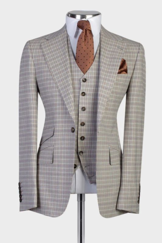 Murray Decent Gray Notched Lapel Three Pieces Plaid Business Suits