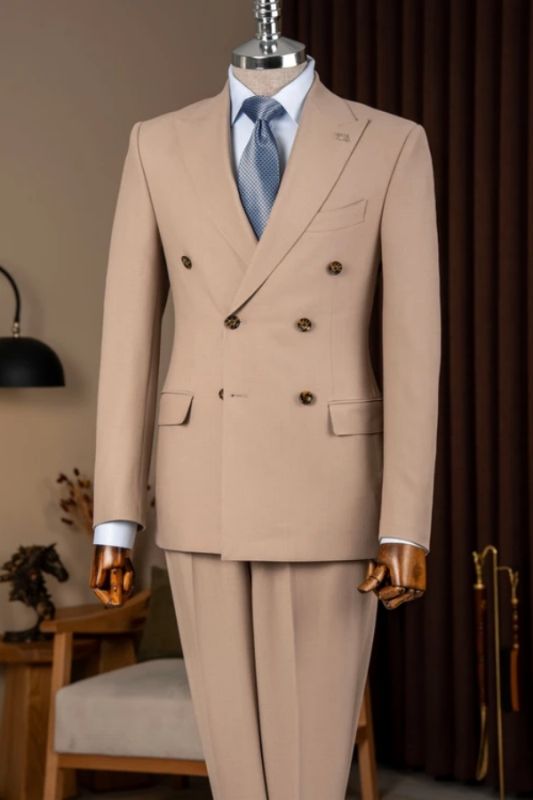 Morton Charming Light Brown Peaked Lapel Double Breasted Striped Business Suits