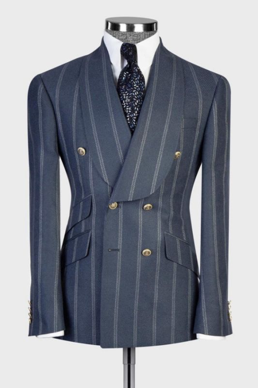 Oscar Elegant Slate Blue Striped Shawl Lapel Double Breasted Business Suits