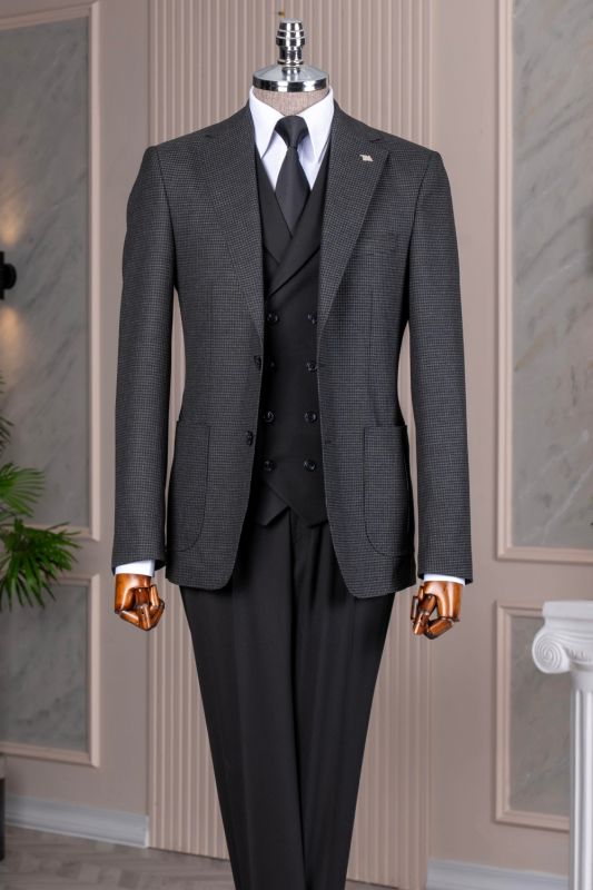 Quennel Formal Black Notched Lapel Plaid Three Pieces Business Suits