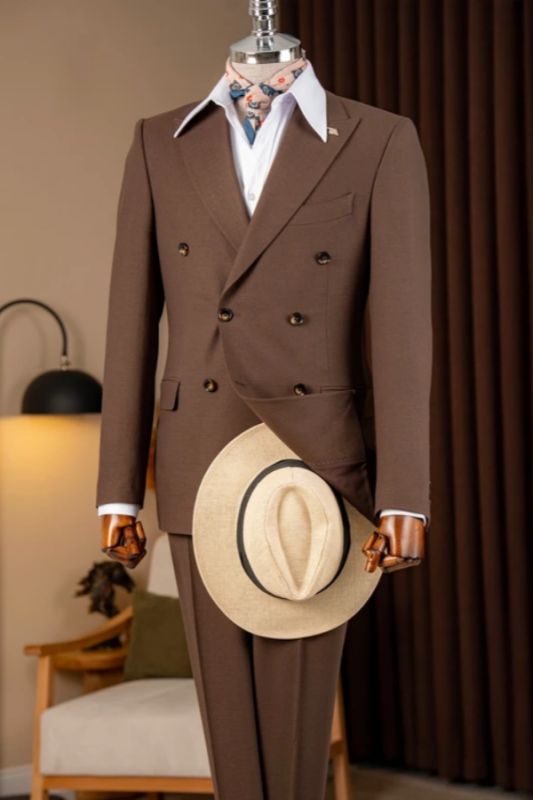 Nathan Bespoke Dark Brown Peaked Lapel Double Breasted Business Suits