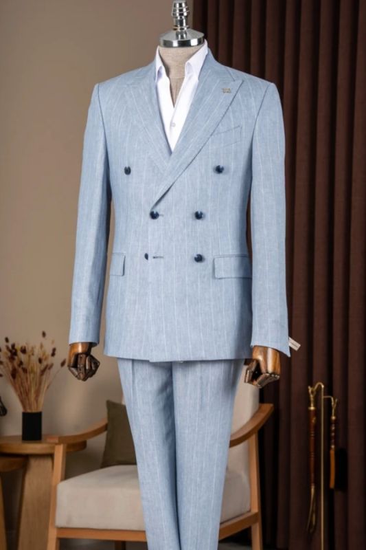 Neil Fashion Blue Peaked Lapel Double Breasted Striped Line Business Suits