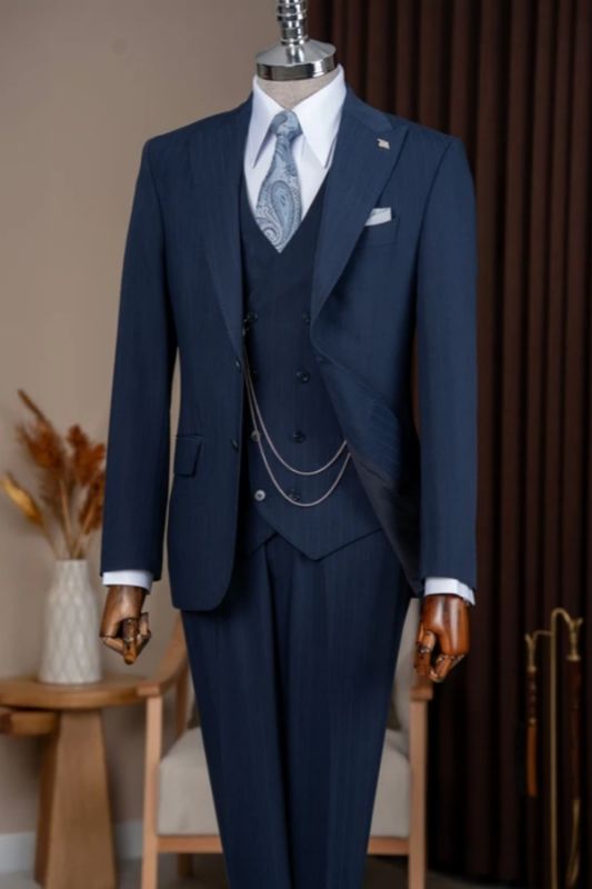 Otto Decent Navy Peaked Lapel Three Pieces Business Suits