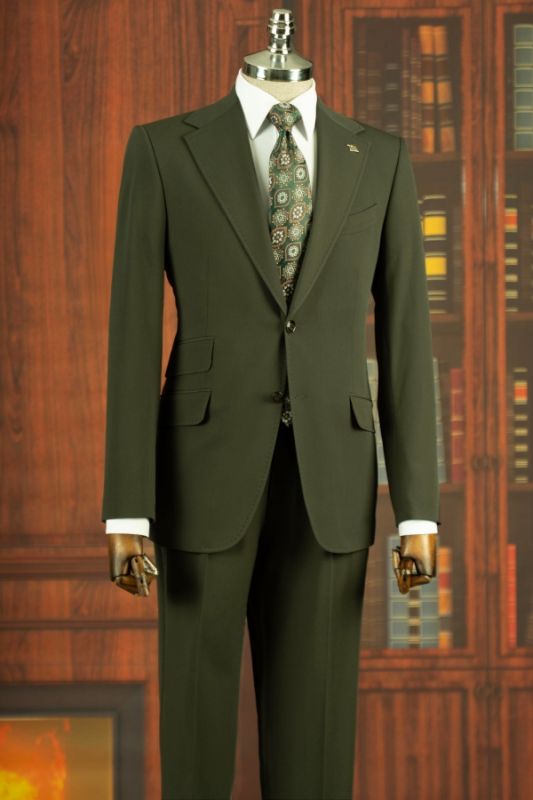 Powell Charming Olive Green Notched Lapel Two Buttons Business Suits